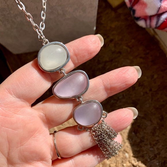 Nice Long Silver Tone Necklace Frosted Stones - Picture 2 of 10